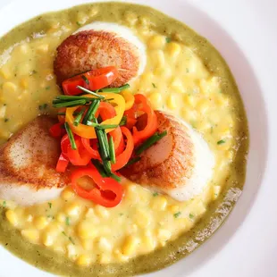 Pan-Seared Sea Scallops. "corn pudding". tomatillo coulis. pickled sweet pepper + chive salad.