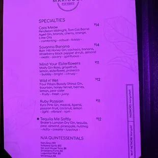 Specialty cocktail menu