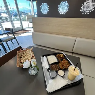 Indian food with Mango Lassi