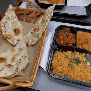 Food, plate, chili broccoli, fried rice, naan, chicken tikka masala