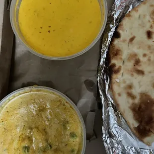 TOP: Chicken Tikka Masala BOTTOM: Mixed Vegetable Korma RIGHT: Plain Naan