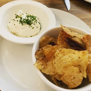 Speck, potato chips with sour cream and onion dip