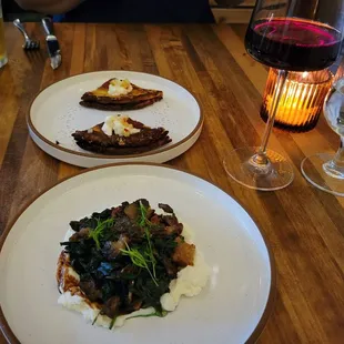 Very good farinata (back) and pan roasted morels with whipped ricotta