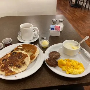 Marilyn Starter Breakfast  Banana Pancakes, Turkey Sausage and Scrambles Eggs w/Cheese
