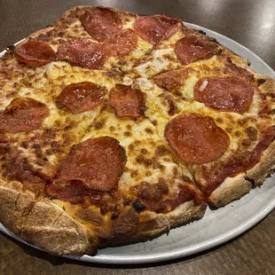a pepperoni pizza on a plate