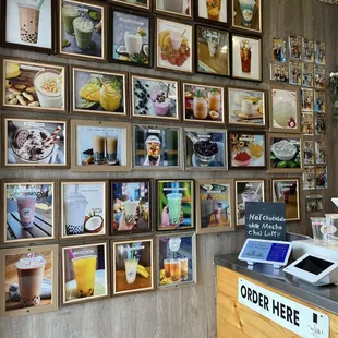 photos on wall of many of the drinks offered