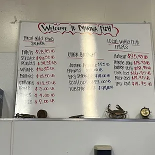 a menu on a white board