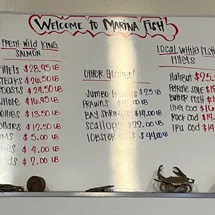 price list on a white board