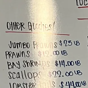 prices on a white board