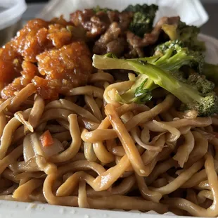 2 item plate: Chow mein with lemon chicken and broccoli beef