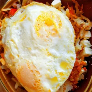 Gyro skillet with eggs done over easy but the eggs were almost fully cooked. No runny yolks.