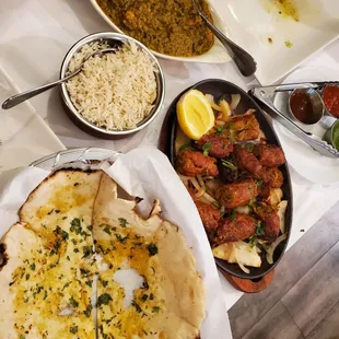 Chicken Palak, Shish Kebab, Gluten Free Garlic Naan,  Basmati Rice