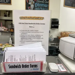 a sandwich order form on a counter