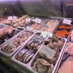 a variety of seafood on display
