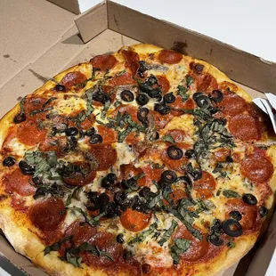 Pepperoni, black olives, fresh basil &amp; anchovy