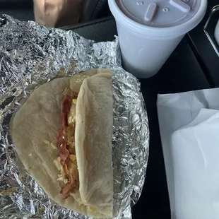 Bacon, egg, potato taco with a medium salsa