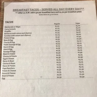 Breakfast tacos menu