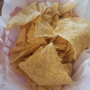 A few chips on top. Mostly crumbs in the basket.  Store bought chips.