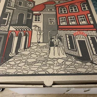 a pizza box on a table
