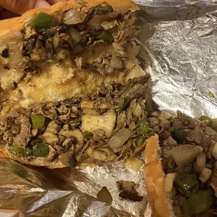Steak sandwich w/ mushrooms, onions and green bell peppers! So good!! (Ordered without cheese)