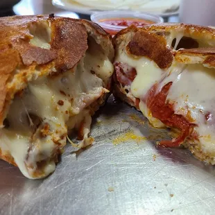 Closeup Pepperoni and Sausage Stromboli... crust was slightly overdone... slight burned taste.