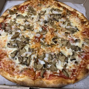 Delicious onion and mushrooms pizza.