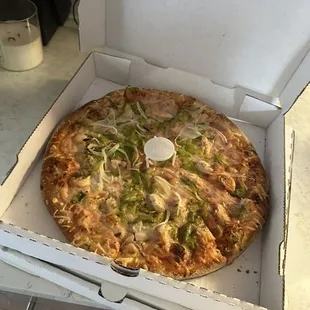 Dairy free pizza with onion and green pepper. The best!