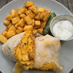 Breakfast burrito (chorizo, egg, cheese) with potatoes
