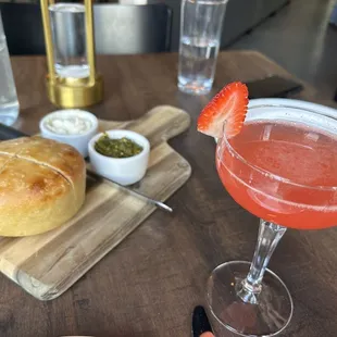 Focaccia bread and their strawberry cocktail