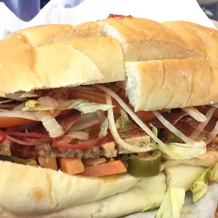 Italian sub sandwich with sliced meatballs. So good!!!