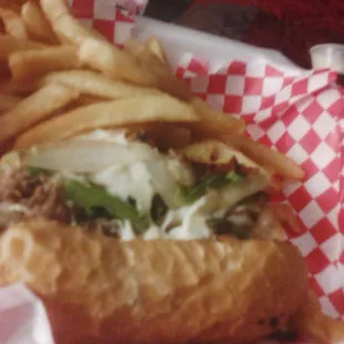 Philly cheesesteak sand &amp; fries (i ate some before i remembered to photo lol)