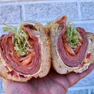 a hand holding a sandwich