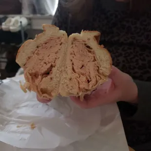 Cross cut of the bbq chicken on kaiser