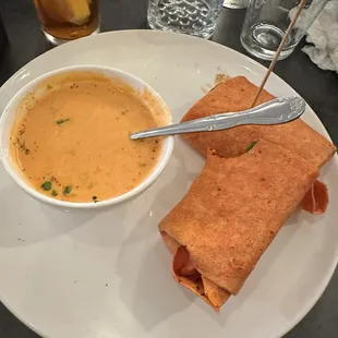 Thai chili shrimp wrap with tomato soup