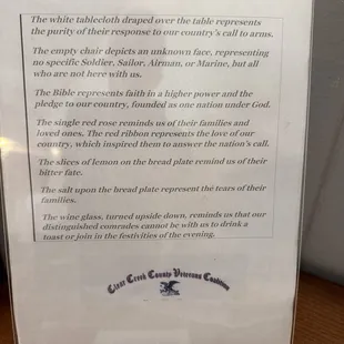 The explanation of the place setting.