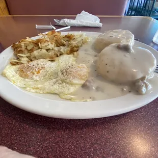 Biscuit n gravy. Over east eggs.