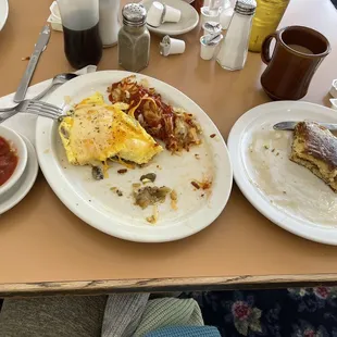 Garden omelet, hash browns, salsa, and pancakes