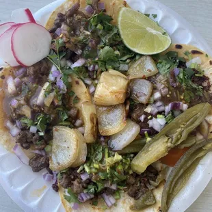 Tacos de asada, al pastor &amp; carnitas.  Side note: rábanos were cold, juicy &amp; crispy (perfect).