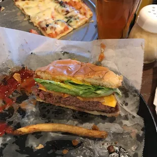 Buffalo burger, Wisconsin Amber and Caprese pizza.
