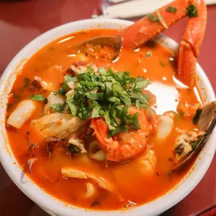 a bowl of seafood soup