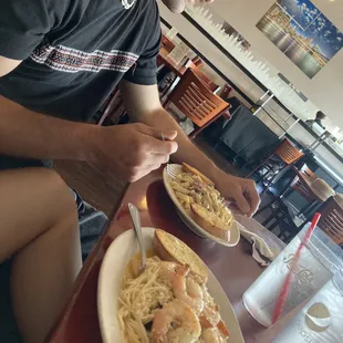 Lunch penne carbonara and scampi