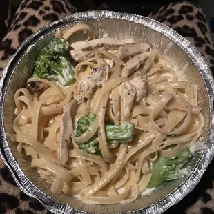 $14.95 fettuccine Alfredo $4 extra for chicken and broccoli 5% take out charge