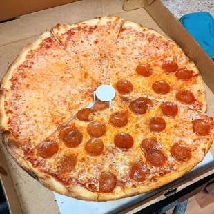 Extra large pizza: half plain, half pepperoni