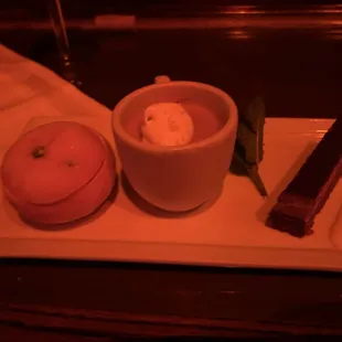 Dessert sampler. House made kumquat sorbet, amaretto mousse &amp; house made Italian Kit Kat.