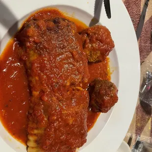 Lasagna and meatballs.