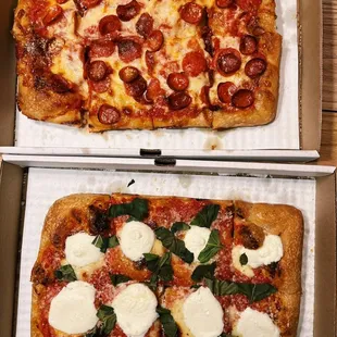 Four cheese and pepperoni pizzas