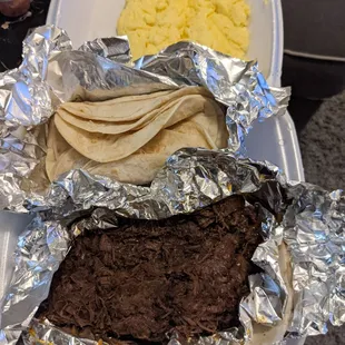 Pound of barbacoa with tortillas and a few eggs. Was delicious!