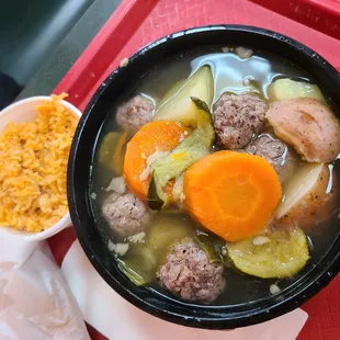 Albondigas soup and Mexican rice