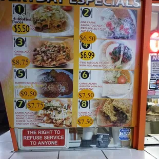 a menu with prices