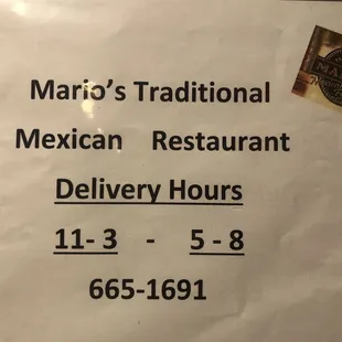 Mario's is now offering delivery for these hours